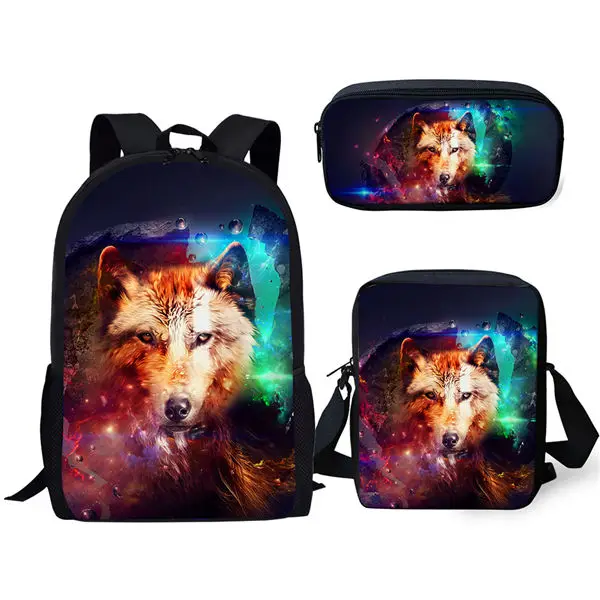 Classic Fashion Novelty Moon Wolf 3D Print 3pcs/Set pupil School Bags Laptop Daypack Backpack Inclined shoulder bag Pencil Case