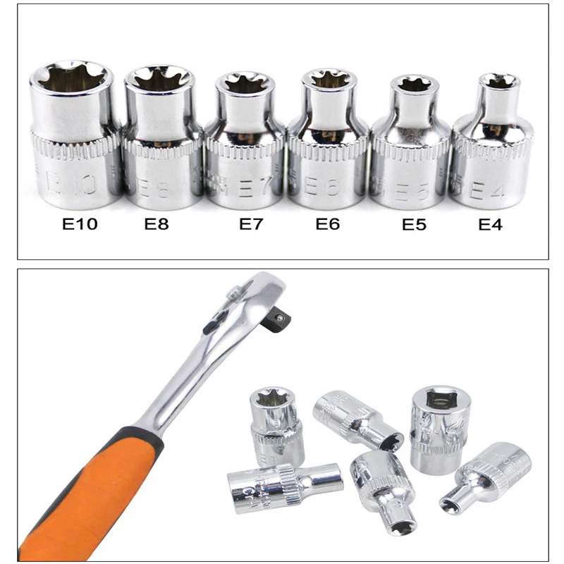 6PCS 1/4" Ratchet Socket.Set.To.rque. Wrench Torx Star Female Socket Adapter E Socket Driver Joint Hand Tools E4 E5 E6 E7 E8 E10 4