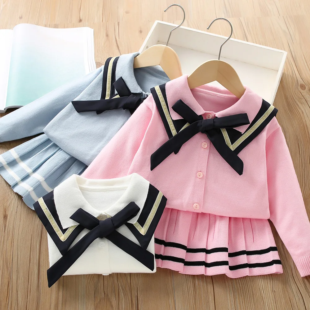 

Girls Sweater Set Autumn and Winter Academy Style Little Girl Shawl Fashionable Navy Collar Fashionable Childrens Two Piece Set