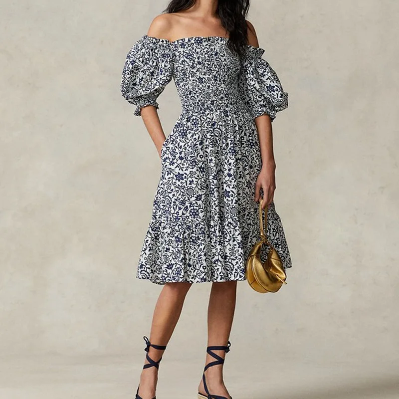 

Small Horse Logo 2023 New Women's Flower Lantern Sleeves Cotton Luxury Fragmented Flower Leisure Vacation Style Beach Dress