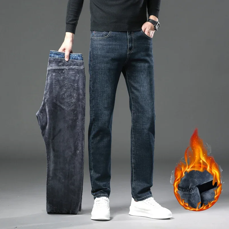 New Winter Casual Men Plush Wool Slim Fit Business Jeans Male Elastic Straight Fleece Denim Pants Warm Thick Fur Skinny Trousers 2