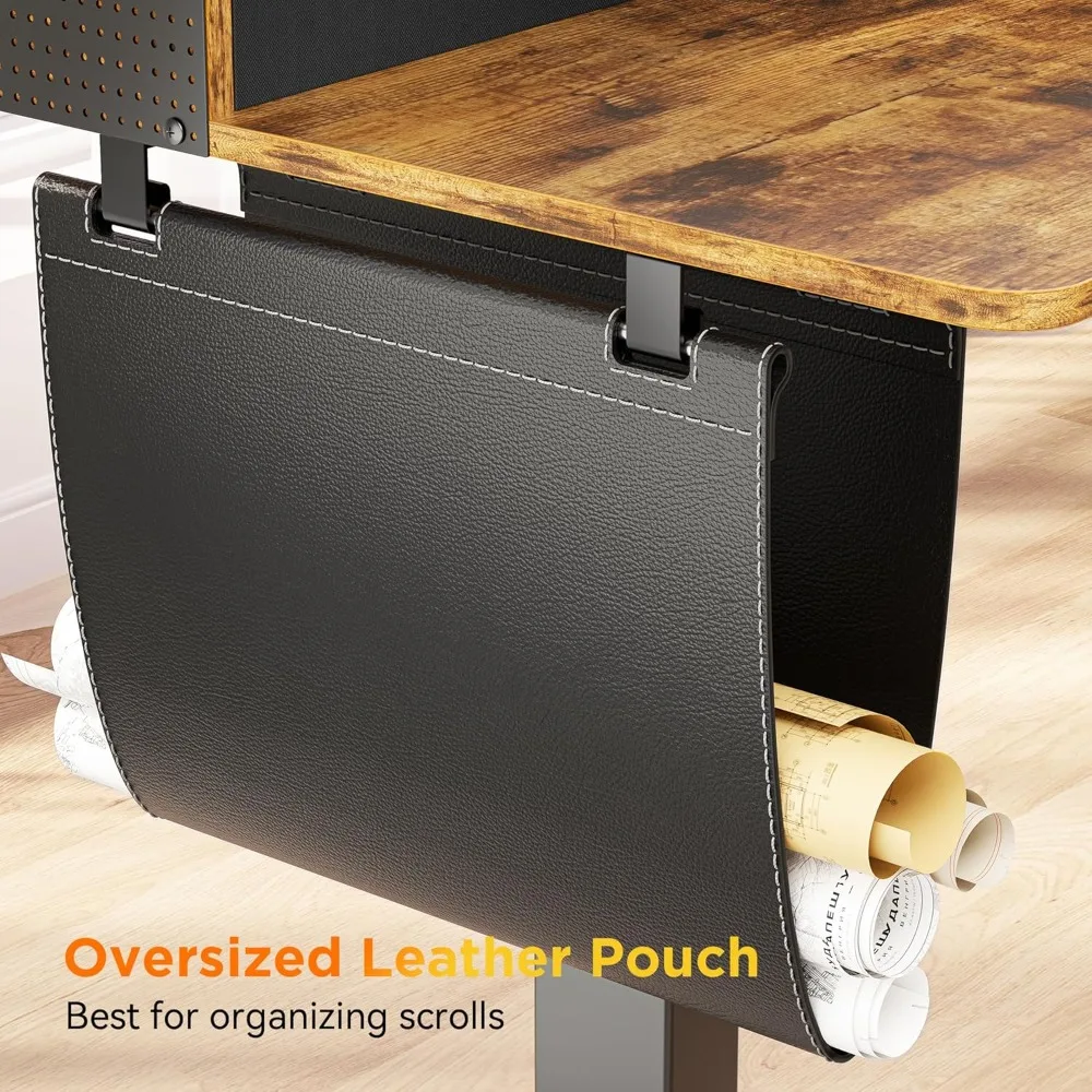 "electric l-shaped adjustable height desk with 3 drawers and monitor shelf for corner computer setup"