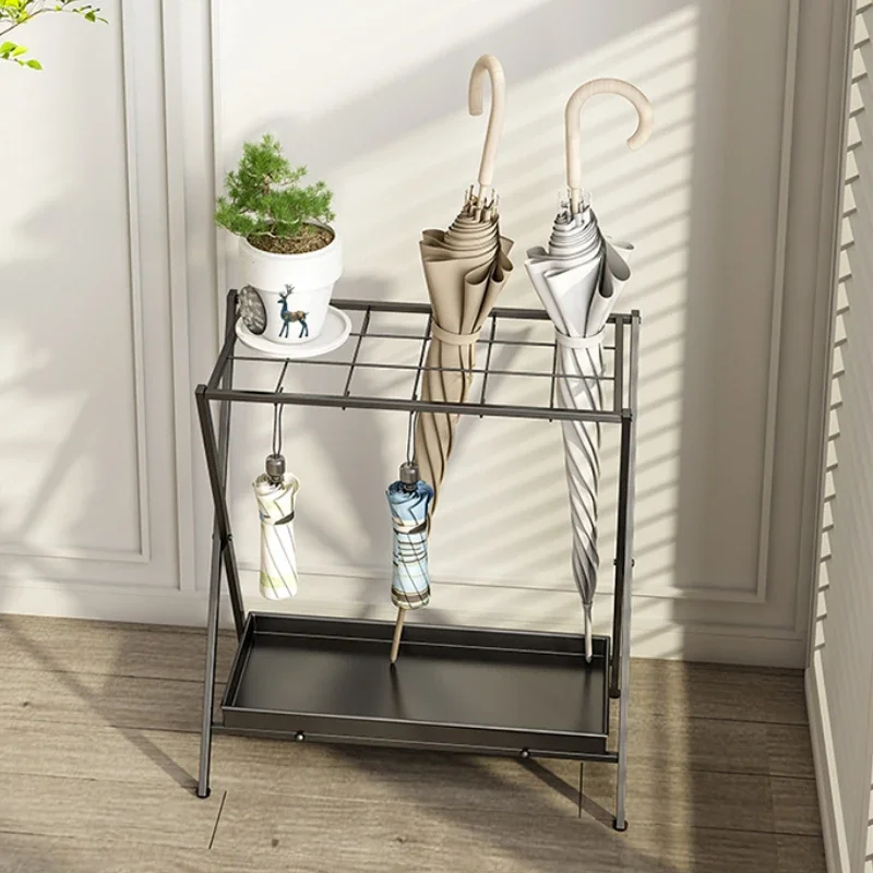 Iron Umbrella Storage Rack Rust-Proof Lobby Umbrella Stand Foldable Holder with Draining Tray for Entryway Hallway