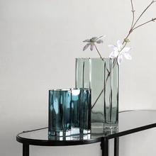  household transparent lake blue flat jar glass small vase ins household soft decoration hydroponic flower vessel 
