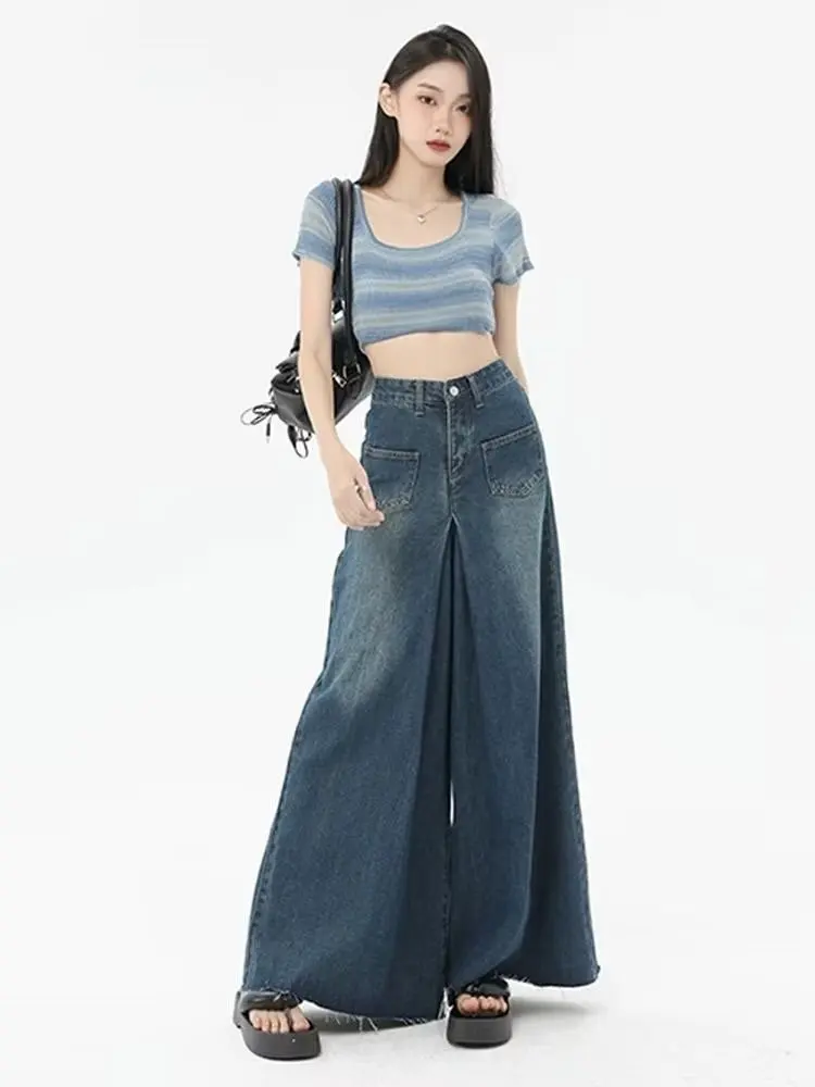 Design Feeling Raw Edge Wide Leg Jeans Women's Summer Thin High Waist Loose Draping Straight Floor Skirt Women's Jeans