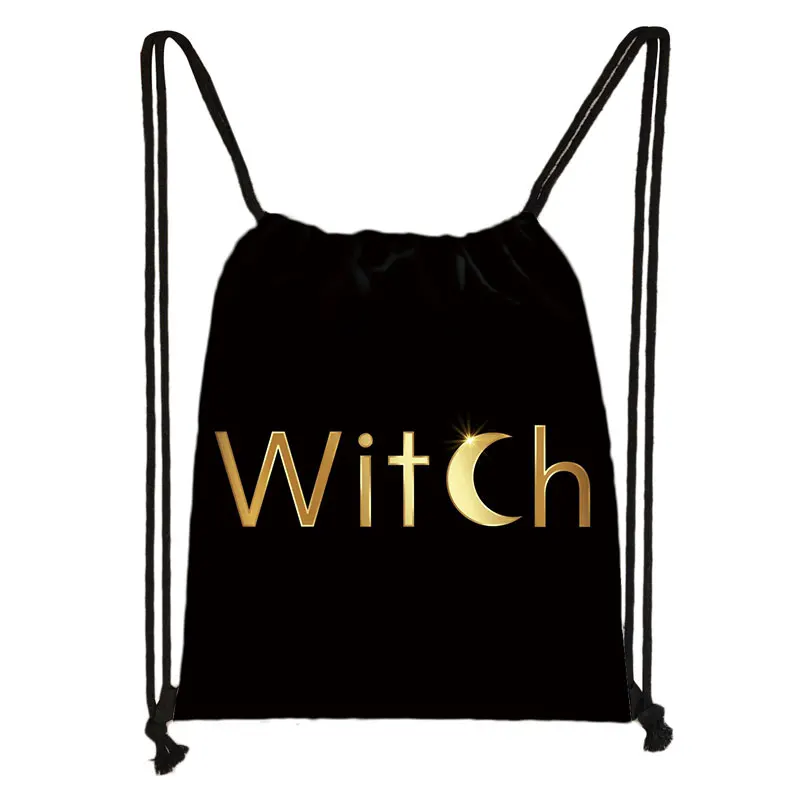 Witch Witchcraft Print Backpack Witchy Woman Drawstring Bags Moon Star Cat Storage Bag for Travel Shoes Holder Wicca Bookbag 4