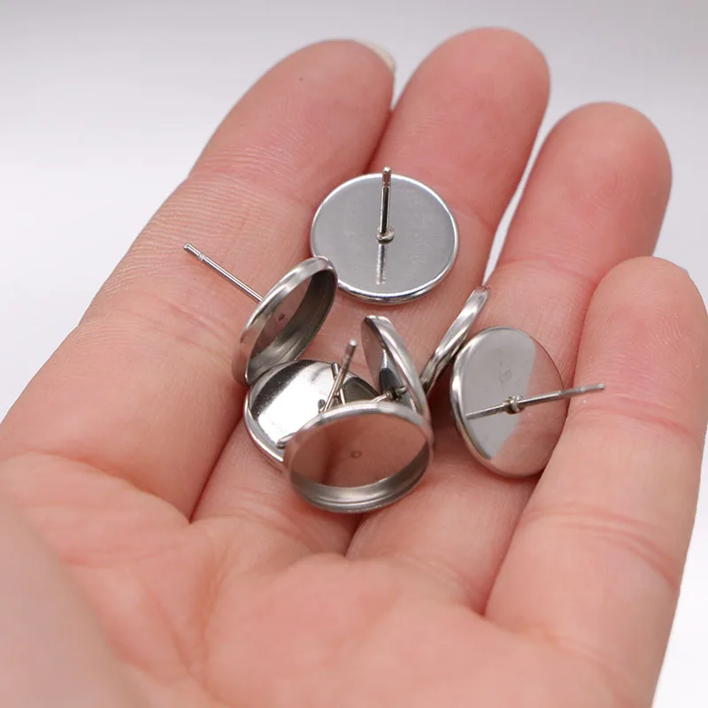 100pcs/lot Stainless Steel Blank Earring Base Cameo Base Fit 12mm Cabochons Earring Setting DIY Jewelry Making
