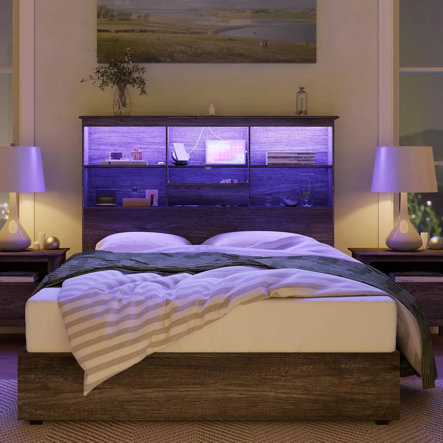 King Size Bed Frame Wooden Platform Bed with 51.2" Storage LED Bookcase Headboard, 4 Storage Drawers & Charging Station 3