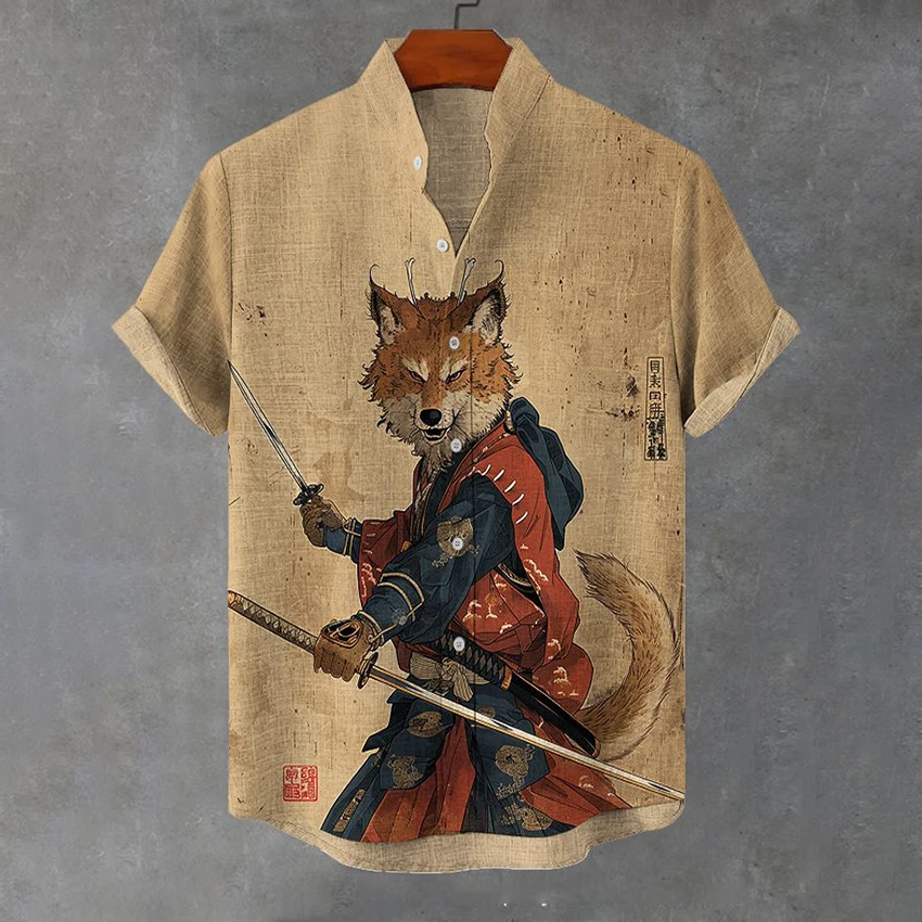 

New anime samurai style standing collar men's short sleeved shirt fashion casual loose T-shirt bamboo linen shirt top