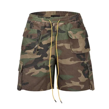 2025 New High Street Trend Drawstring Tie Waist Washed Vintage Casual Camouflage Multi Pocket Cargo Shorts 1