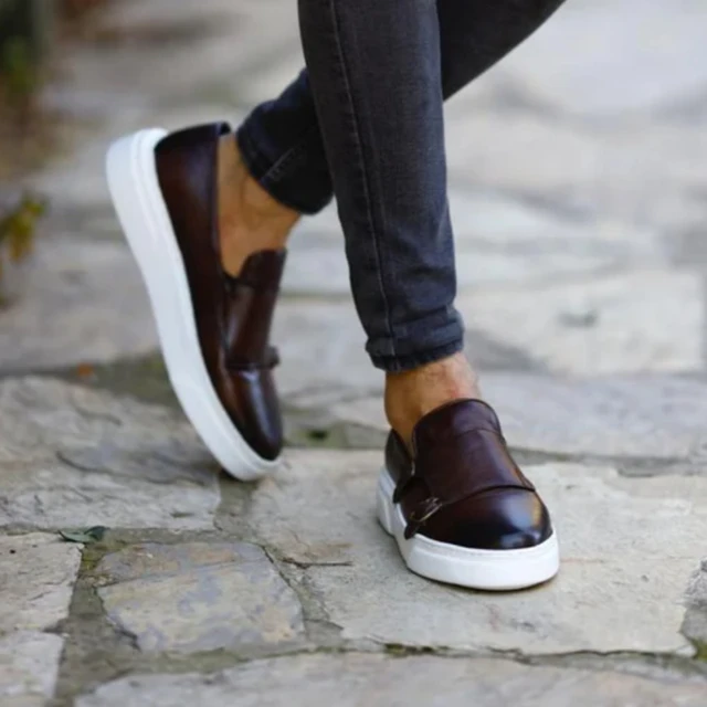 New Black Men's Vulcanize Shoes Brown Slip-On Sneakers Double Buckle Monk Shoes Handmade Men Shoes Size 38-46 1