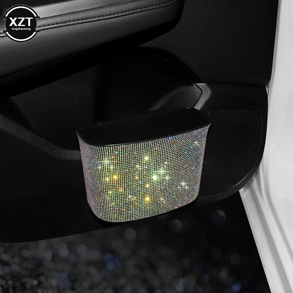 Car Trash Can Diamond Crystal Organizer Bin with Lid Leakproof Mini Vehicle Trash Bin Glitter Garbage Car Hanging Accessories car storage bag car trash can car trash bag