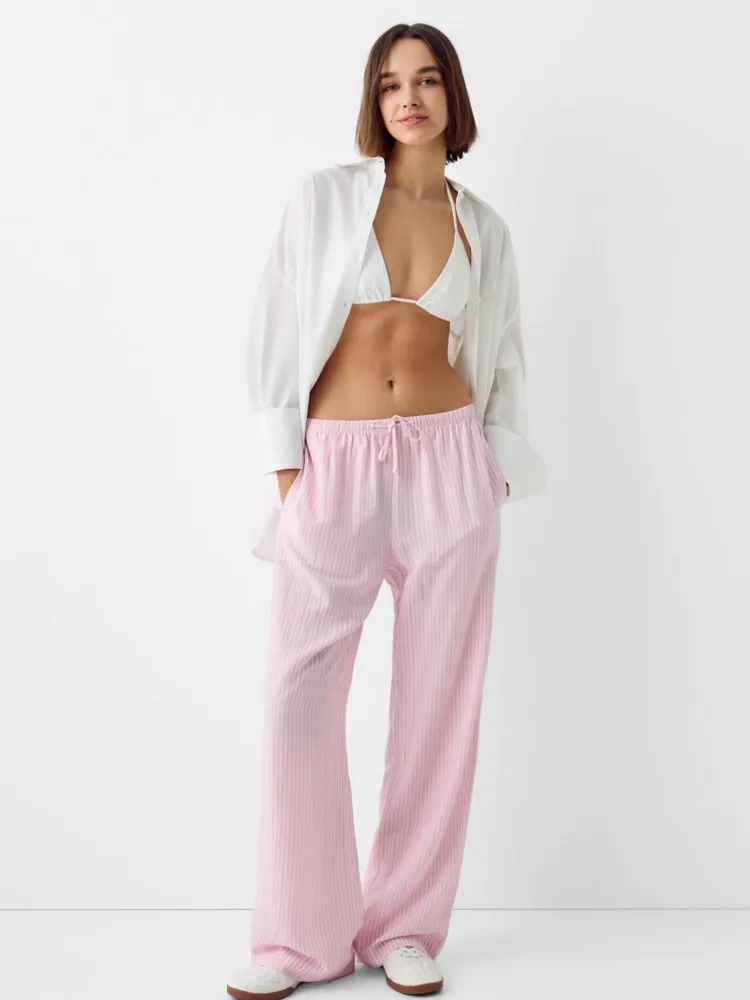 Drawstring Loose Casual Female Summer Long Trouser Cotton Stripe High Waist Fashion Vacation Beach Women Wide Leg Pant 2024 New