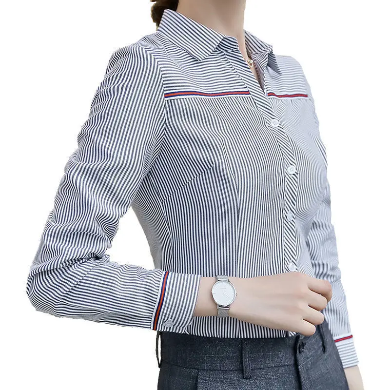 Summer Striped Contrast Shirt Tops Short Sleeve Polo Neck Slim All-match Plus Size Office Blouse Fashion Elegant Women Clothing