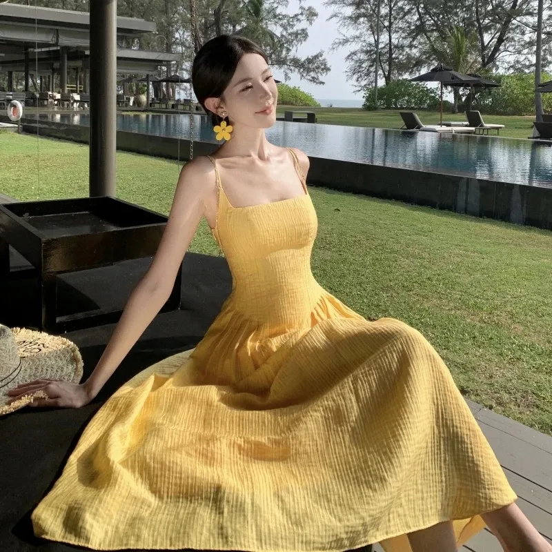 

Women's High Waist Sleeveless Open Back Sexy Dress Yellow Elegant Slim Fit Open Back Folded Strap Long Dress