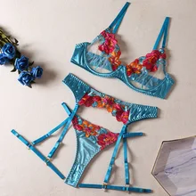  Yimunancy 3-Piece Contrast Color Lace Bra Set Women 10 Colors Embroidery Panty Underwear Set Ladies Blue Sexy Lingerie Set 