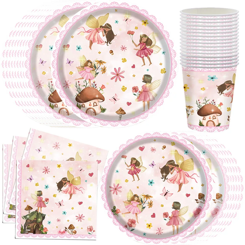 Pink Butterfly & Flower Fairy Disposable Party Tableware Set - Plates, Cups, and Napkins