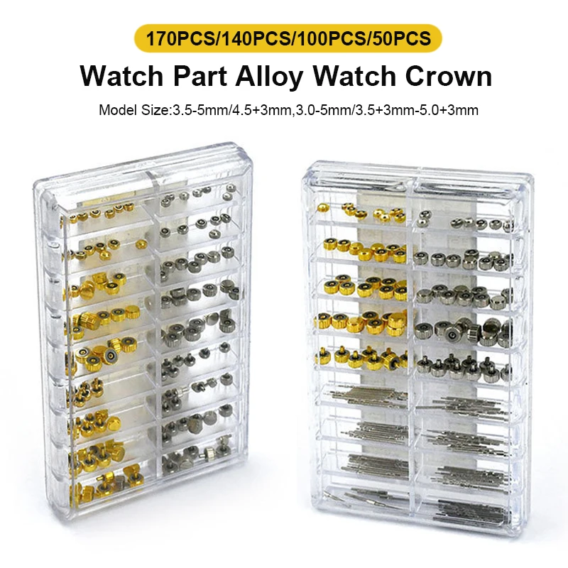 

170/140/100/50 pcs Watch Crown Kit Watch Flat Head Watch Parts Replacement Accessory Watch Repair Watchmaker Professional Tool