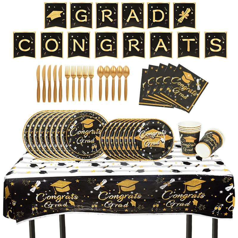 Graduation Party Decor Banner 2022 Graduation Disposable Tableware Bachelor Cap Paper Plate Cups For Celebrate Grad Graduates