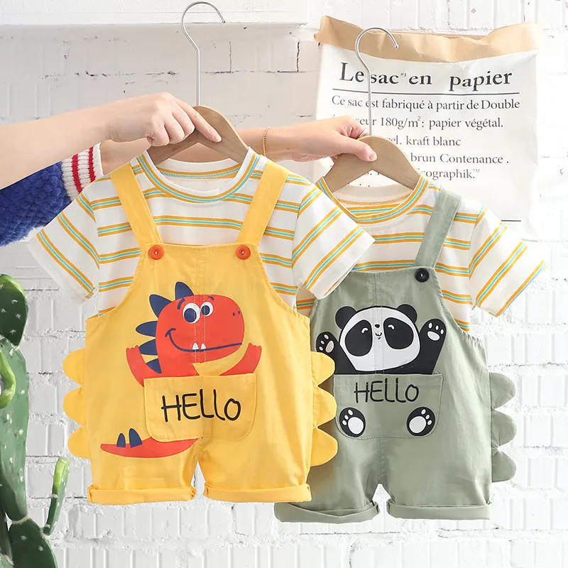 

New Infant Clothing Baby Girls Clothes Suits Short Sleeve Strips T Shirt Cartoon Bib Pants 2Pcs/Sets Children Casual Costume