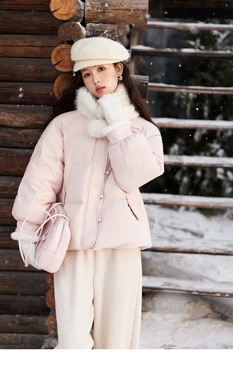 MISHOW Fur Collar Thick Women's Winter Down Jacket Spliced Pearl Single Breasted Pocket Duck Down Coats Office Lady MXD59Y0060