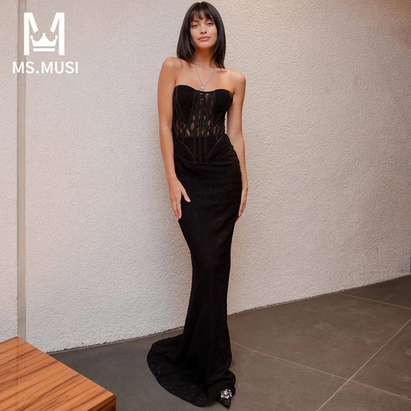 

MSMUSI 2024 New Fashion Women Sexy Lace Mesh Two Piece Set Bodycon Party Strapless Hollow Out Sleeveless Top Long Skirt Set Suit