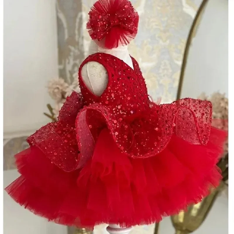 女の子の誕生日パーティーのためのスパンコール付きのイブニングドレス赤ちゃんのためのパーティードレス10代赤クリスマスフロック結婚式