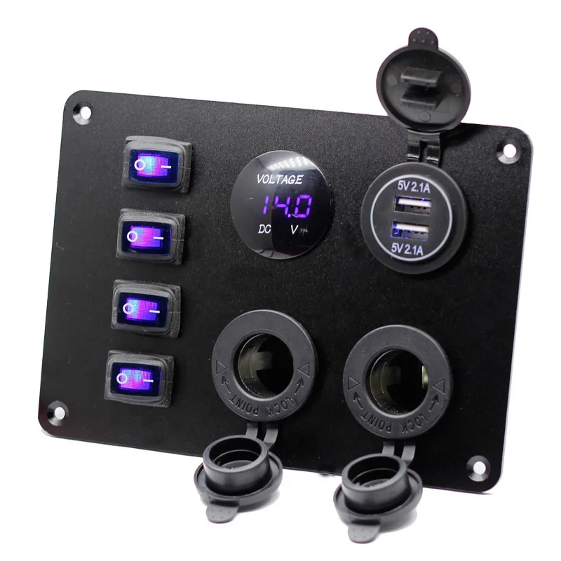 Interruttore A Bilanciere 12-24V DC Con Voltmetro E Doppia Uscita 4.8A - Per Auto, Camper, Barca, ATV - Retroilluminato A LED