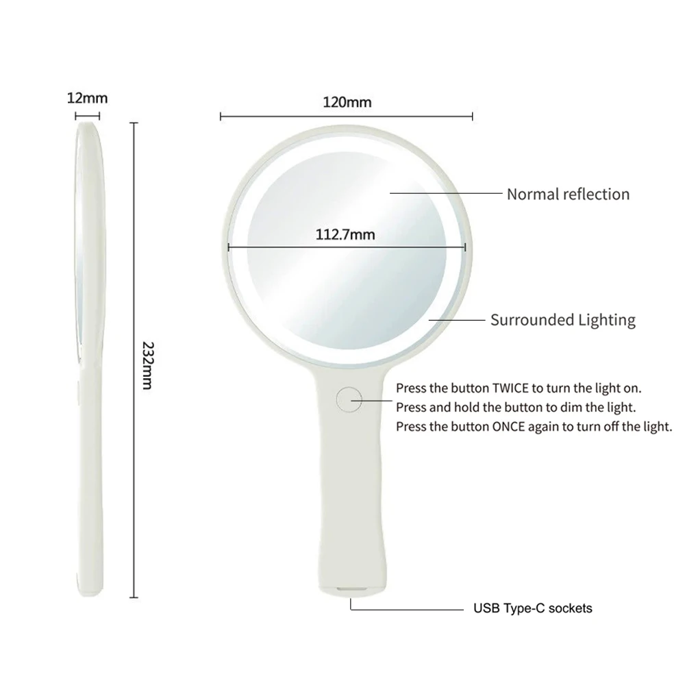 USB Makeup Mirror With Led Light Compact Hand Mirrors With Handle Vanity Round Portable Travel Smart Make Up Touch Screen Miroir_voghion.com