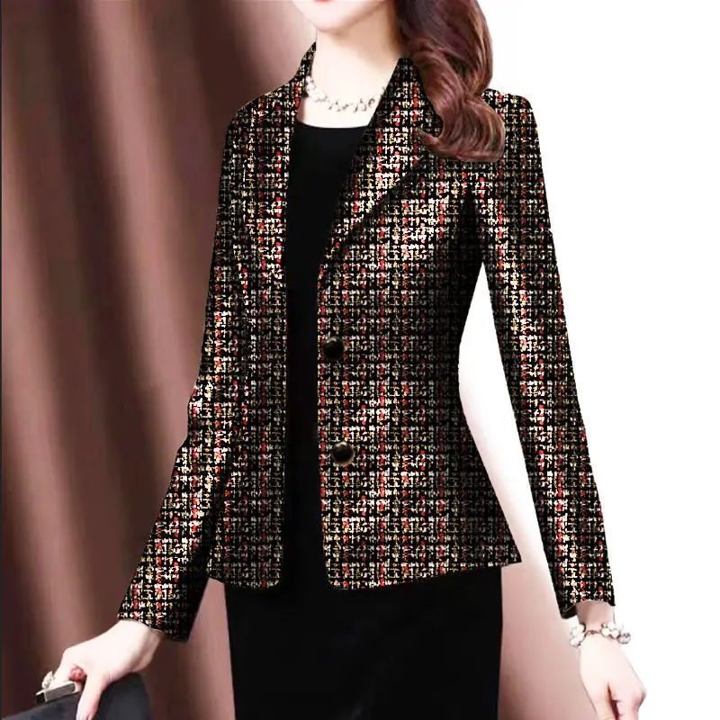 2023 Autumn Women's Elegant Korean Edition Slim Plaid Printed Suit Collar Short Suit Casual Comfortable Fit Versatile Coat