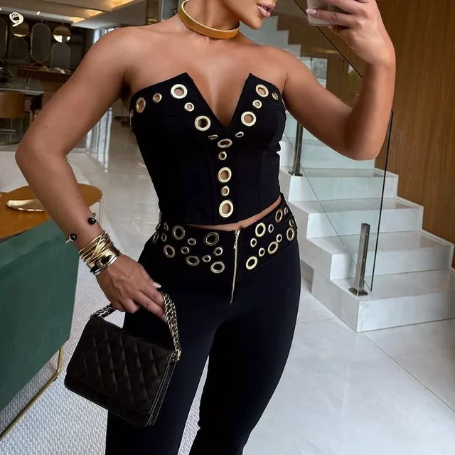 Jasmine Metal Ring Strapless Crop Top Pant Set 4