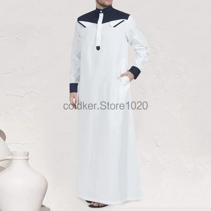 Traditionele Moslim Kleding Contrast Kleur Moslim Jurk Midden-Oosten Jubba Thobe Mode Lange Mouwen Mandarijn Hals Gewaad Voor Mannen