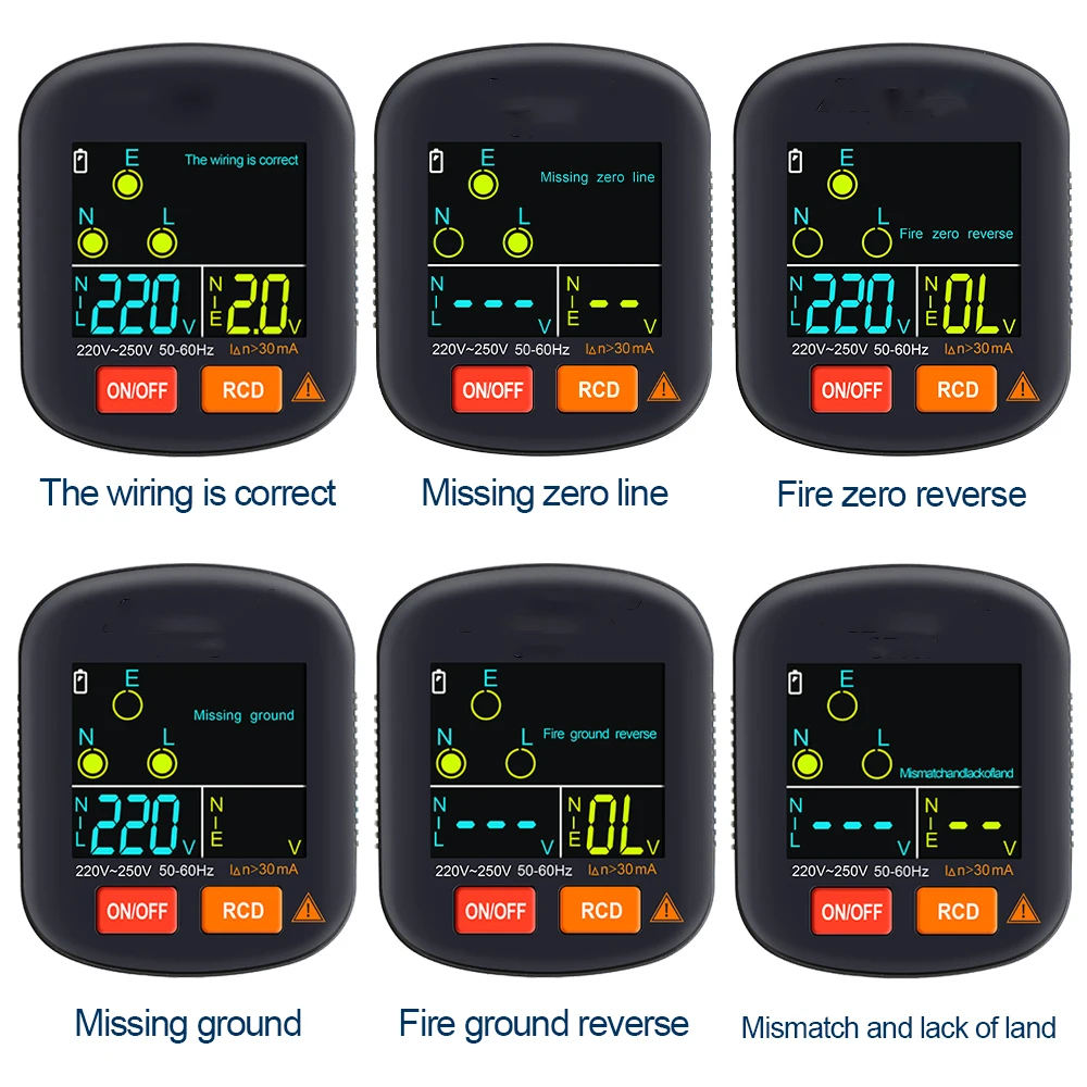 Domary Avançado RCD testador de soquete elétrico neutro automático circuito  de teste de fio terra ao vivo detector de polaridade parede interruptor de  tomada ue localizador teste de vazamento elétrico com display