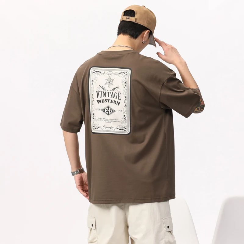 

Street high-end American Korean loose cotton men's T-shirt combed cotton washed printed casual round neck short sleeve