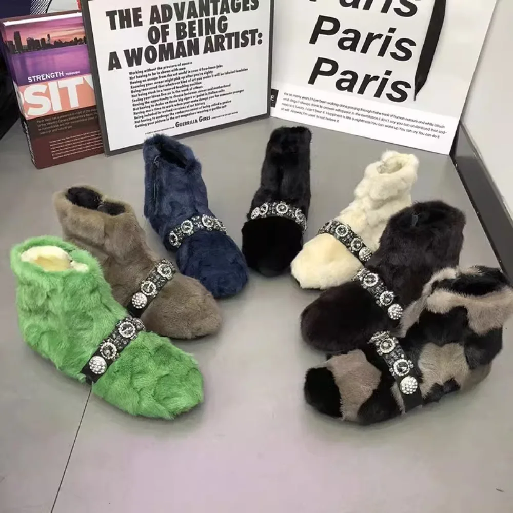

Womens Real Mink Fur Ankle Boots Rhinestones Crystal Flats Genuine Leather Candy Colors Warm Winter Snow Thick Shoes A1New 2024