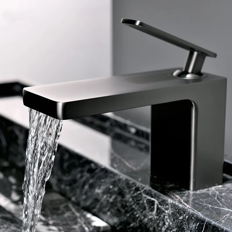 

New Basin Faucet Bathroom Sink Faucets Hot Cold Water Mixer Crane Deck Mounted Waterfall Bath Tap Black Gold Finished