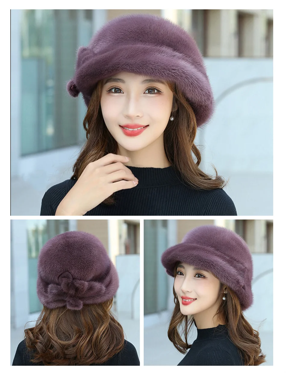 100% Real Mink Fur Hat Edamame Beanie For Girls Soft Thickened Furry Beret Ladies Hat Elegant Winter Outdoor Windproof Warm Hat