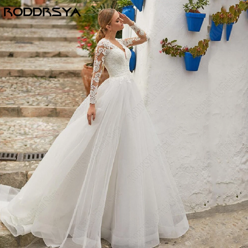 

RODDRSYA Elegant Wedding Dresses Long Sleeves New 2023 Zipper Back V-Neck Bride Gowns Lace Applique A-Line vestidos de novia