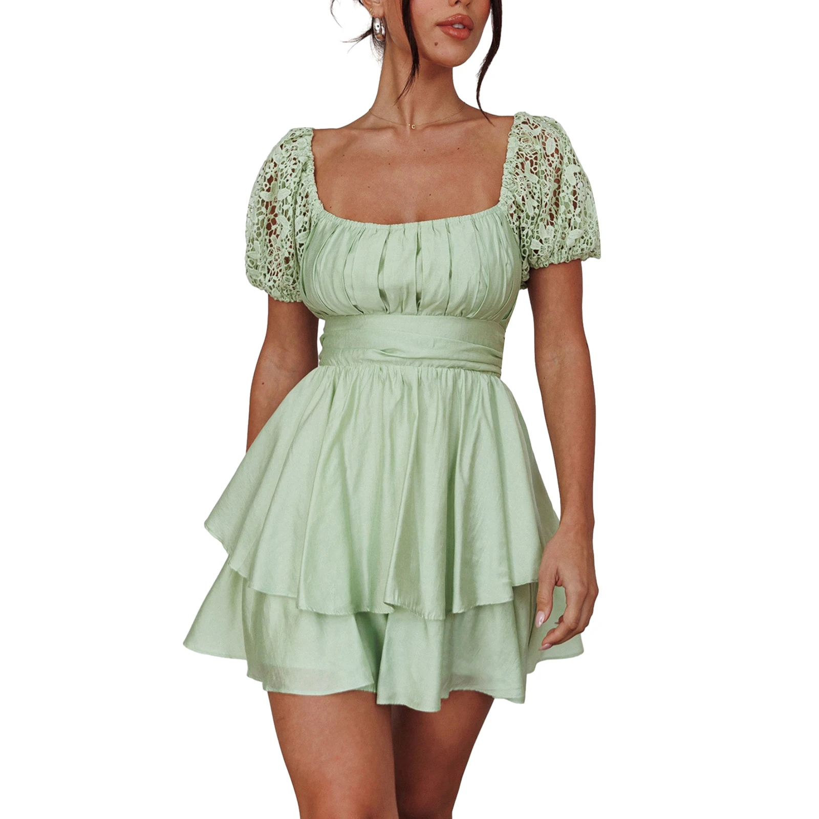 

Sexy Tie Knot Back Dress Women Mini A Line Dresses Y2K Lace Short Puff Sleeve Square Neck Short Flowy Dresses Party Fairy Wear