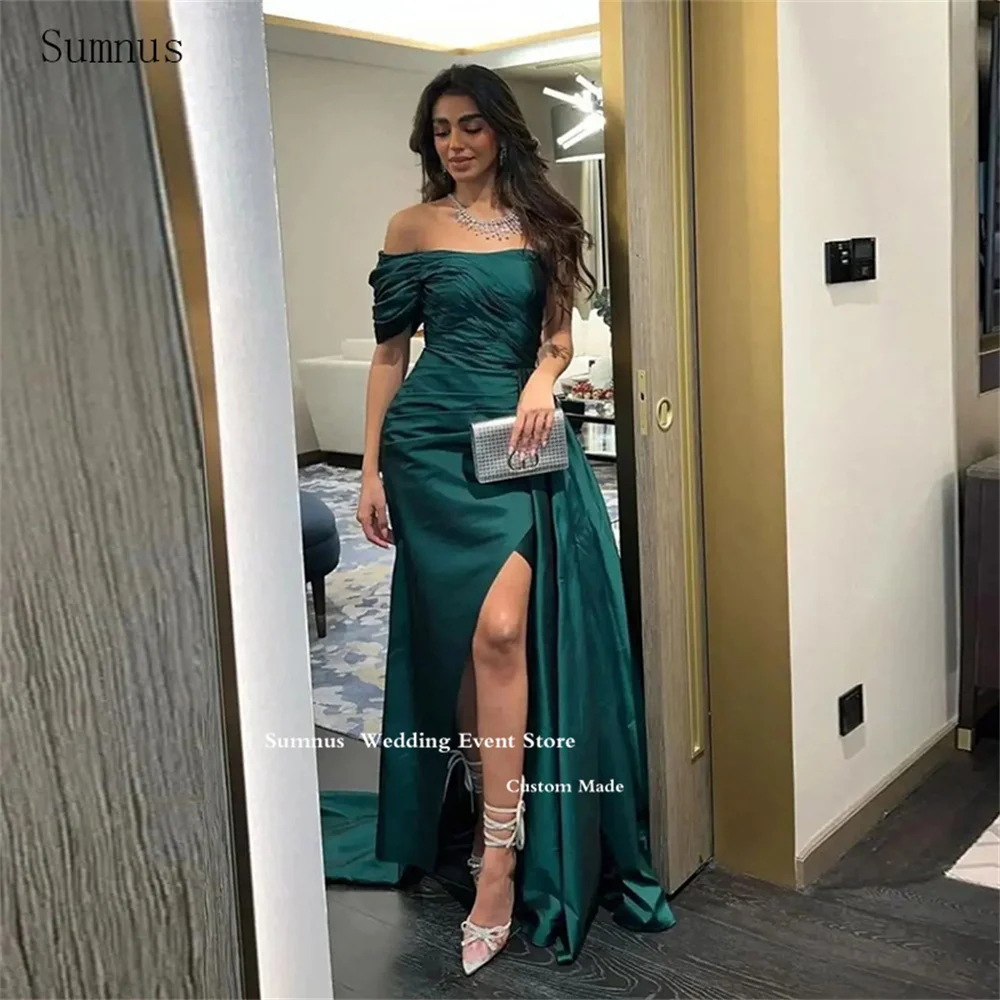 

Sumnus Modern Mermaid Off The Shoulder Prom Dresses Satin Green High Side Slit Pleat Party Dresses Woman's Evening Dress 2023