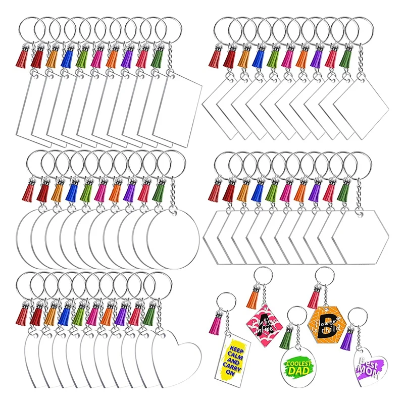 

200Pcs Blank Keychains For Vinyl,With 5 Shapes Clear Acrylic Disc Tassel Key Chains Jump Rings For DIY Crafts Ornament