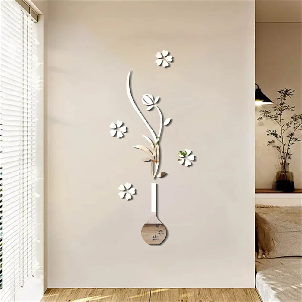 3D DIY Acrylic Mirror Stickers for Room Decoration Vase Flower Wall Decals Sticker Living Room Bedroom Wall Decor Home Sticker