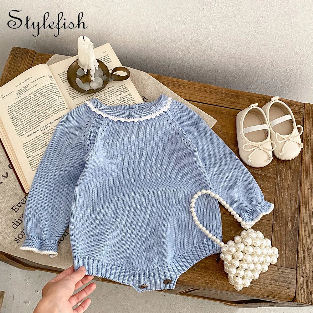 

Autumn Baby Girl Cotton Yarn Lace Lace Collar Long Sleeve Knitted Romper Romper Pants Triangle Wrap Pants Creeper Bodysuit