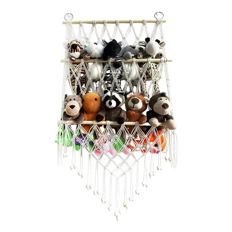 Stuffed Animal Hammock Double Layer Macrame Hammock Net Toys Storage Boho Decor Organize Storage Mesh Holder for Kids room