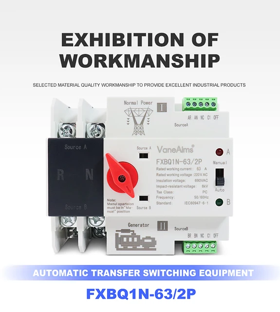 Interruttore Trasferimento Automatico 63A 220V - ATS Per Generator, Uso Domestico, 2P