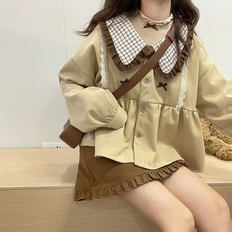 2022 Spring Autumn Kawaii Shirt Women Japanese Korean Cute Peter Pan Collar Ruffle Blouse Girls Sweet Loose Outwear