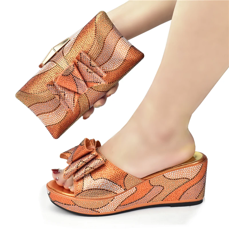 

New Arrival Noble Italian design Elegant Style Ladies Shoes and Bag Set Decorated With Rhinestone in Orange Color for Party