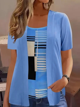 Elegant Geometric Print Mock Two-Piece T-Shirt | Plus Size Womens Summer Casual Top | Fashion Patchwork Design 1