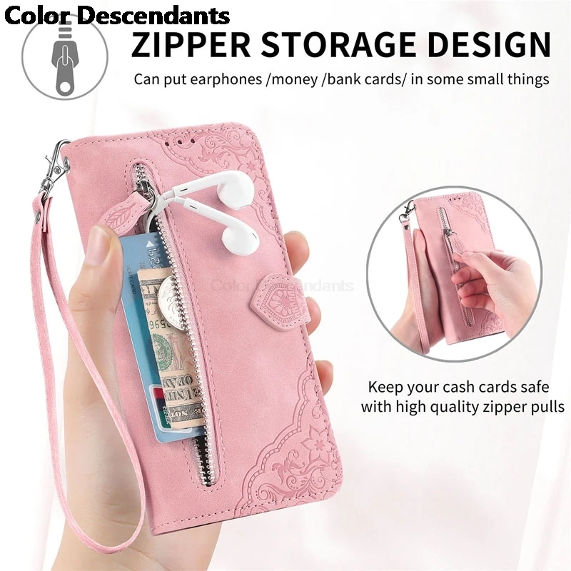 OPPO Reno 8 7 6 5 4 Pro Lite 7Z 5F 5A 4Z 2Z 2F 5G 4G 지퍼 커버 스탠드 백 용 서리로 덥은 꽃 가죽 플립 지갑 전화 케이스