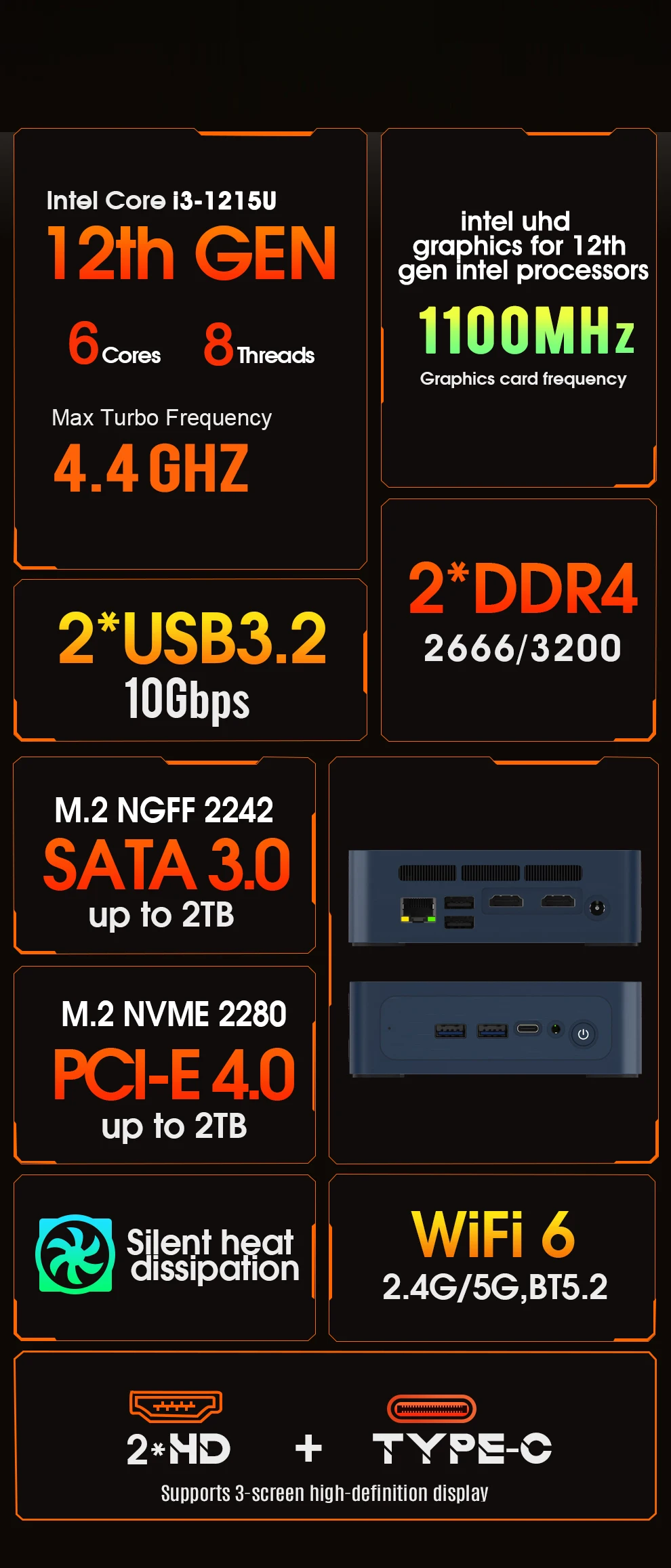 Black Gaming Mini PC Intel i5-1240P i3-1215U 12-core 16-thread 8/16/32GB DDR4 512GB/1TB/2TB SSD Mini Computer PC Gaming Desktop 2